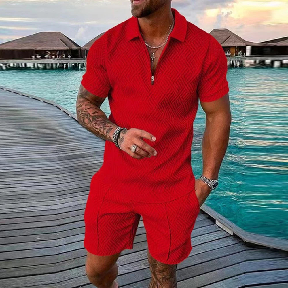 2 PCS Set S-5XL Plus Size for Curvy Men's Athletic T-Shirt Set Casual Mesh Lapel Short Sleeve Pullover Tops + Shorts  Solid Thin Sporty Suits Summer Casual Clothing Suit