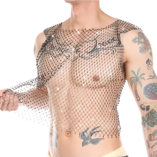 Men's Sexy Sheer Glitter Diamond Fishnet Vest Porn Transparent T-Shirt Stage Club Costume Sex Lingerie Sissy Top Short Sleeves