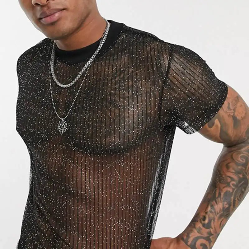 Men Short Sleeve Mesh Shirt Sheer Slim Fit Shiny Sexy T Shirt Party Nightclub Thin Breathable