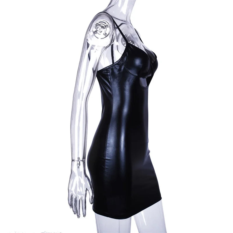 NEW Spaghetti Straps Hollow Out Sexy High Waist Slim Black Solid Summer Women New Fashion Party Bodycon PU Leather Mini Dress