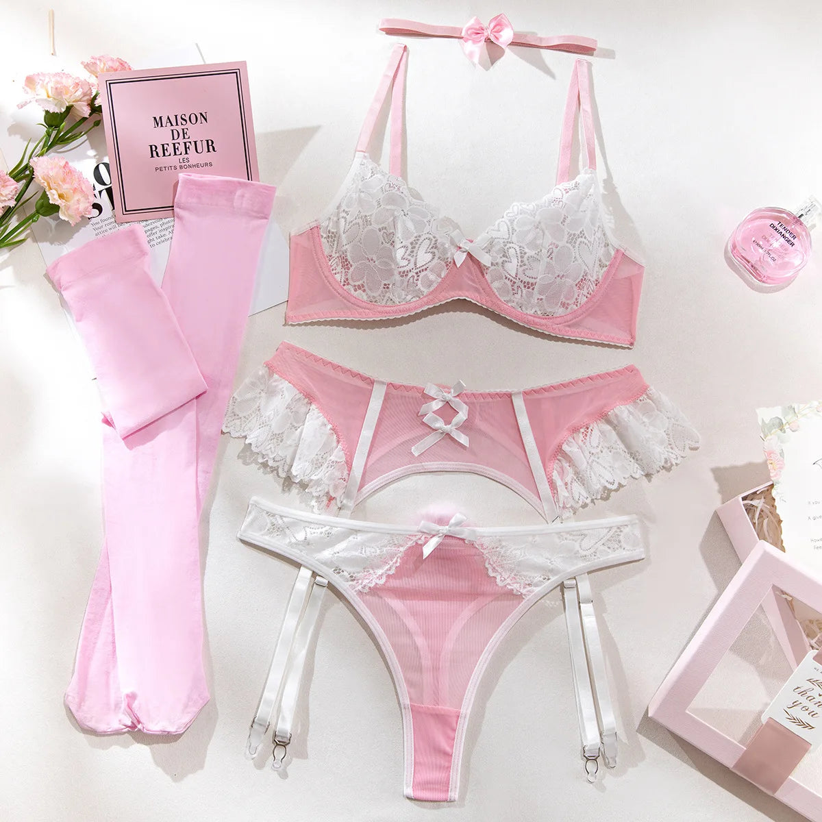 Sexy Hot Selling Lace Mesh Lingerie Set Women's Sweet Splicing Perspective Nurse Outfit 4PCS See Though Set Exotic Apparel Products Suit Underwear Lingerie Fashion Clothing Products