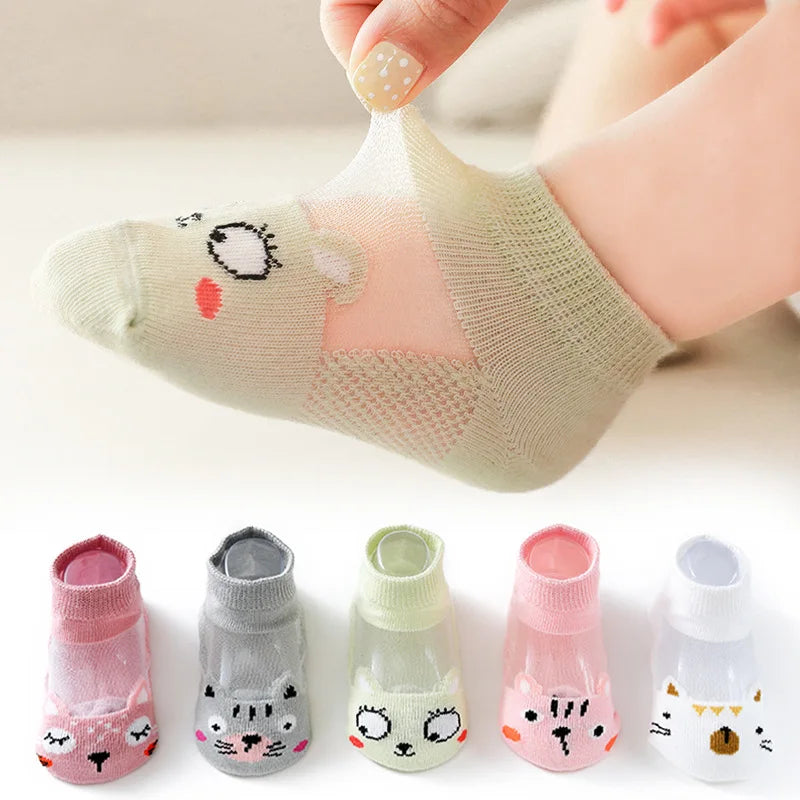 5 Pairs Set 0-12Y Summer Cotton Newborn Kids Socks Cute Cartoon Thin Mesh Baby Short Socks Dinosaur Bear Children Socks for Boys Girls Apparel Accessories