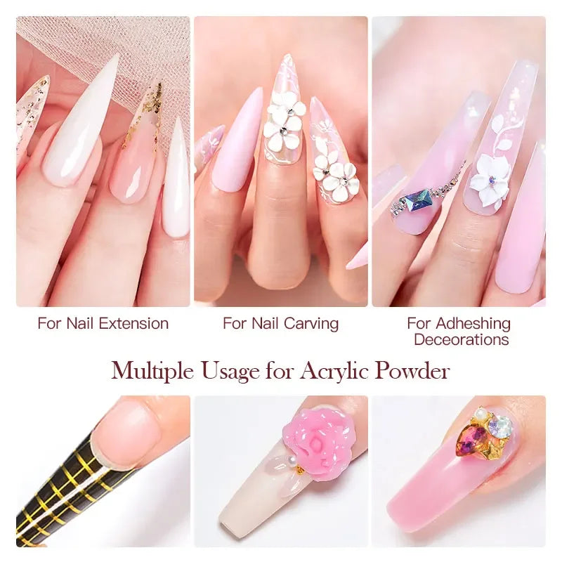 8pcs Nail Acrylic Powder Liquid Set Clear Nude Pink Monomer Liquid Set With Nail Brush For Nails Extension Carving Flower DIY Women Beauty Salon Spa Accessories Nail Care Tools Set