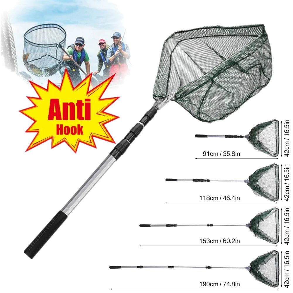 Fishing Landing Net Aluminum Alloy Durable Telescoping Extend to 190cm/130cm/55cm Folding Mesh Safe Fish Catching Releasing Fishing Accessory Sets