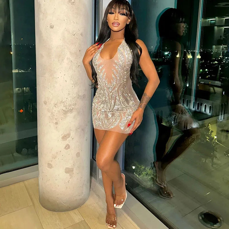 NEW Arrivals Diamonds Rhinestone Evening Party Birthday Dress for Women Night Club Mesh See Through Halter V-Neck Backless Sexy Bodycon Mini Dress