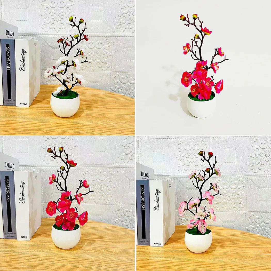 1pcs Bonsai Simulation Silk Plum Flowers Artificial Pot Plant Home Office Plum Blossom Branch Vases Wedding Home Room Decoration