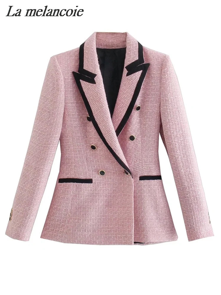 NEW Arrivals Pink/Ivory Vintage Tweed Double Breasted Blazer Coats Women New Autumn Winter Elegant Chic Pockets Jacket Office Ladies Casual Suits Ladies Luxury Fashion Clothing Supplies