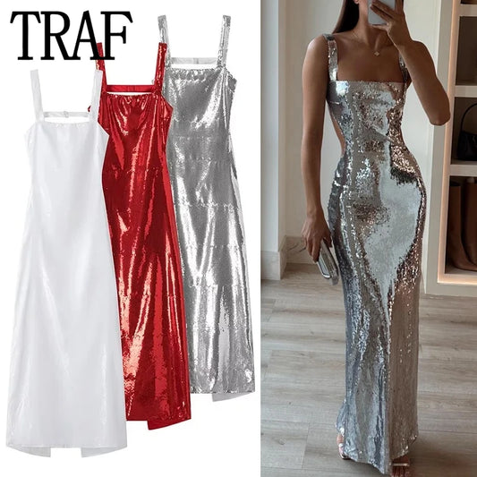 Backless Sequin Dress Woman Silver Red White Slip Long Dress Women Glitter Sexy Party Dresses Midi Prom Evening Dresses