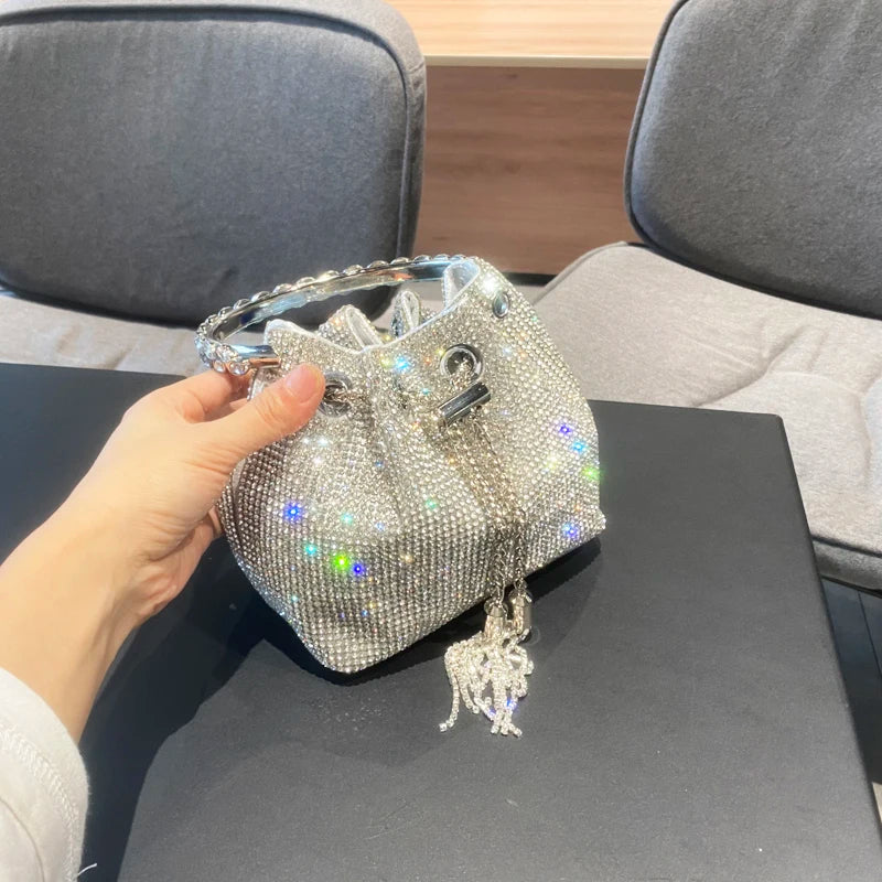 Women Luxury Designer bucket clutch purse evening banquet bag Crystal rhinestone shoulder bag