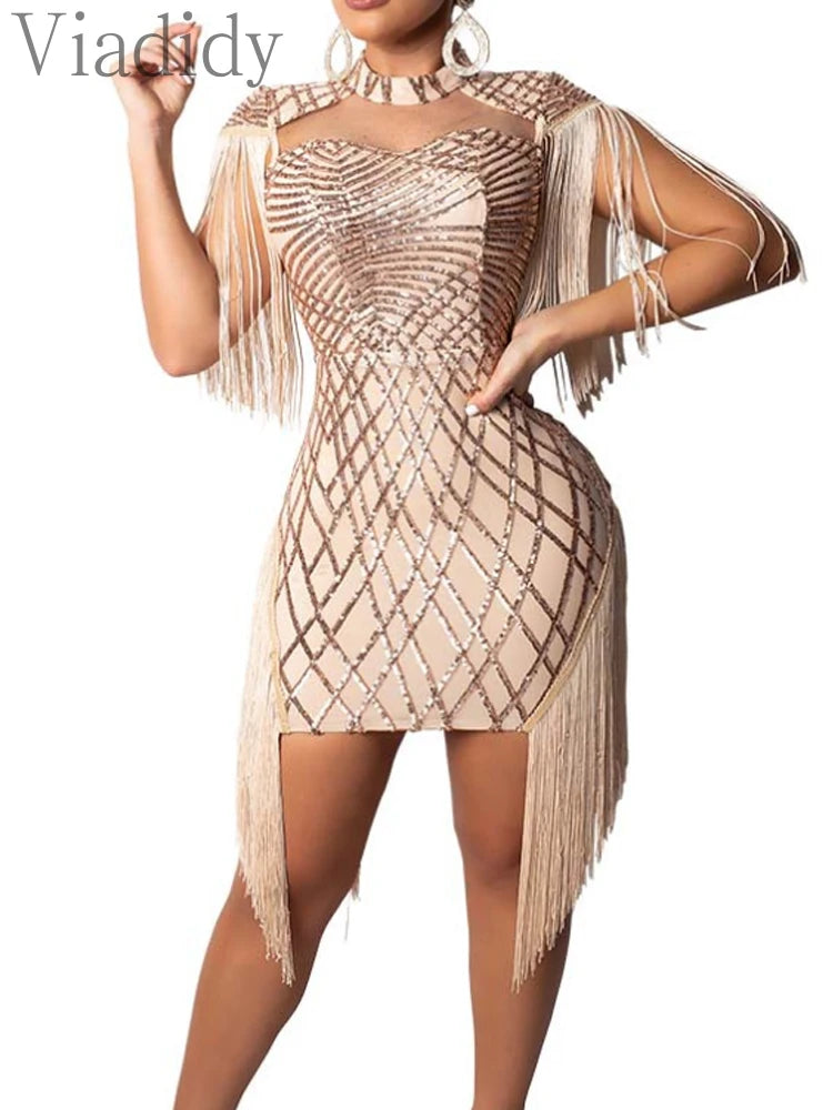 UK Size S(8)-XL(16) Black/Red/ Apricot Luxury Women Italian Fashion Elegant Sequins Tassels Mini Bodycon Evening Party Sexy Mini Dress