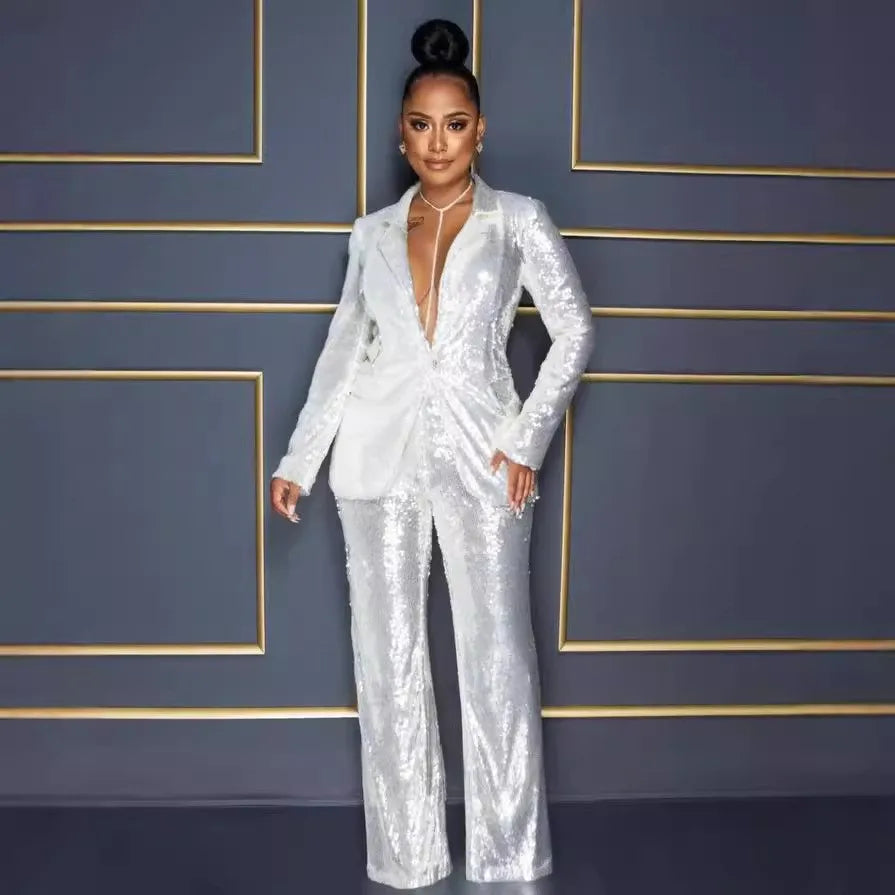 2 PCS Set S-2XL Long Sleeve V-Neck Shiny  Luxury Blazer Pants + Coats Suit Elegant Evening Party Set for Women Stylish Trendy Ensemble