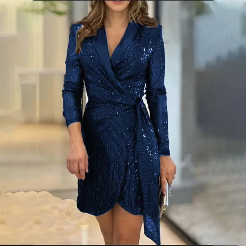 NEW Arrivals S-3XL UK Size 7 Colors Women's Luxury Spring Summer New Collection Solid Color Fashionable Sexy Waist Series Sequined Suit Collar Long Sleeved Lace Up Dress Ladies Luxury Fashion Apparel Supplies