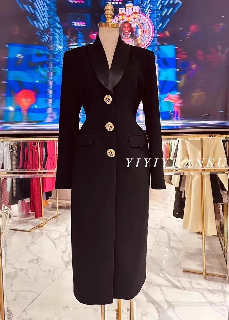 NEW Arrivals UK S-2XL Size Vintage Black Autumn Winter Clothes Long Sleeve Bodycon Pencil Notched Blazer Suit Coat Midi Dresses Women Office Lady Suit