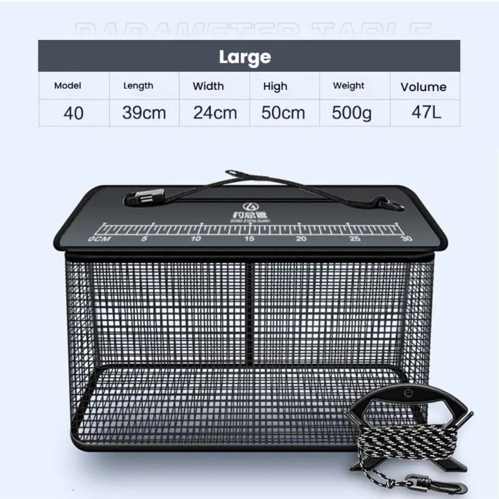 19L-47L Large Capacity Fish Net Bag Floating Fish Basket Quick-Drying Foldable Fish Cage Collapsible Fish Protector Foldable Fishing Net for Sea River Lakes Fishing Accessories