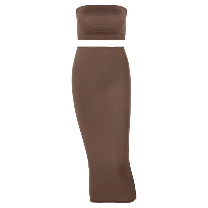 2 PCS Set  5 Colors  European Women's Summer New Fashion Bustier Top with Shrink Fit and Slimming Bodycon Clothes Party Festival Dress Set