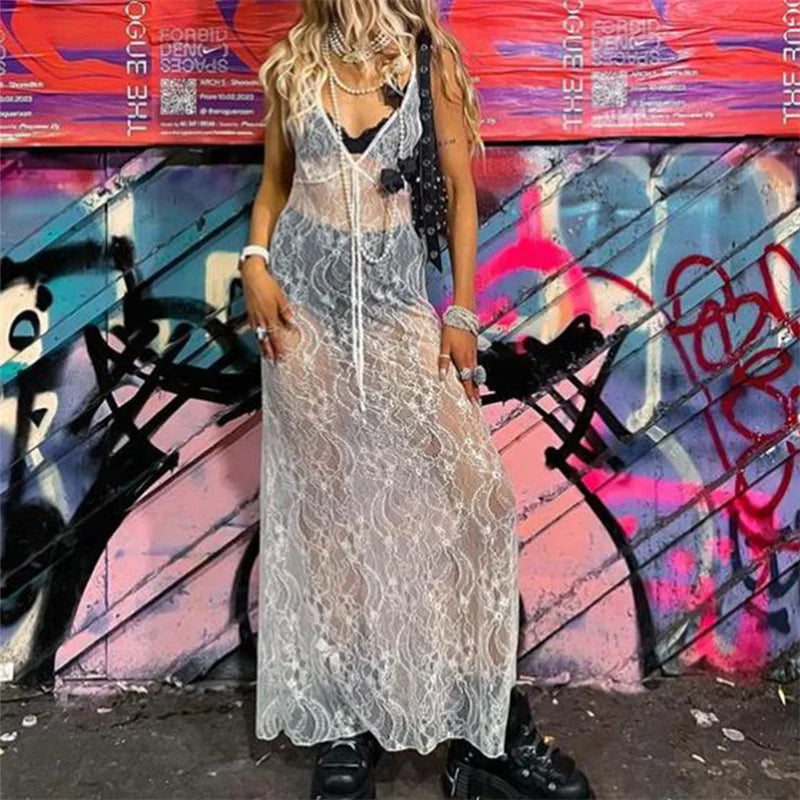 NEW Arrivals Sexy See-Through Lace Floral Sheer Tank Dress Summer Women's Y2K Sleeveless V-Neck Cover-Up Long Dress Streetwear Evening Beach Party Night Clubwear Dress