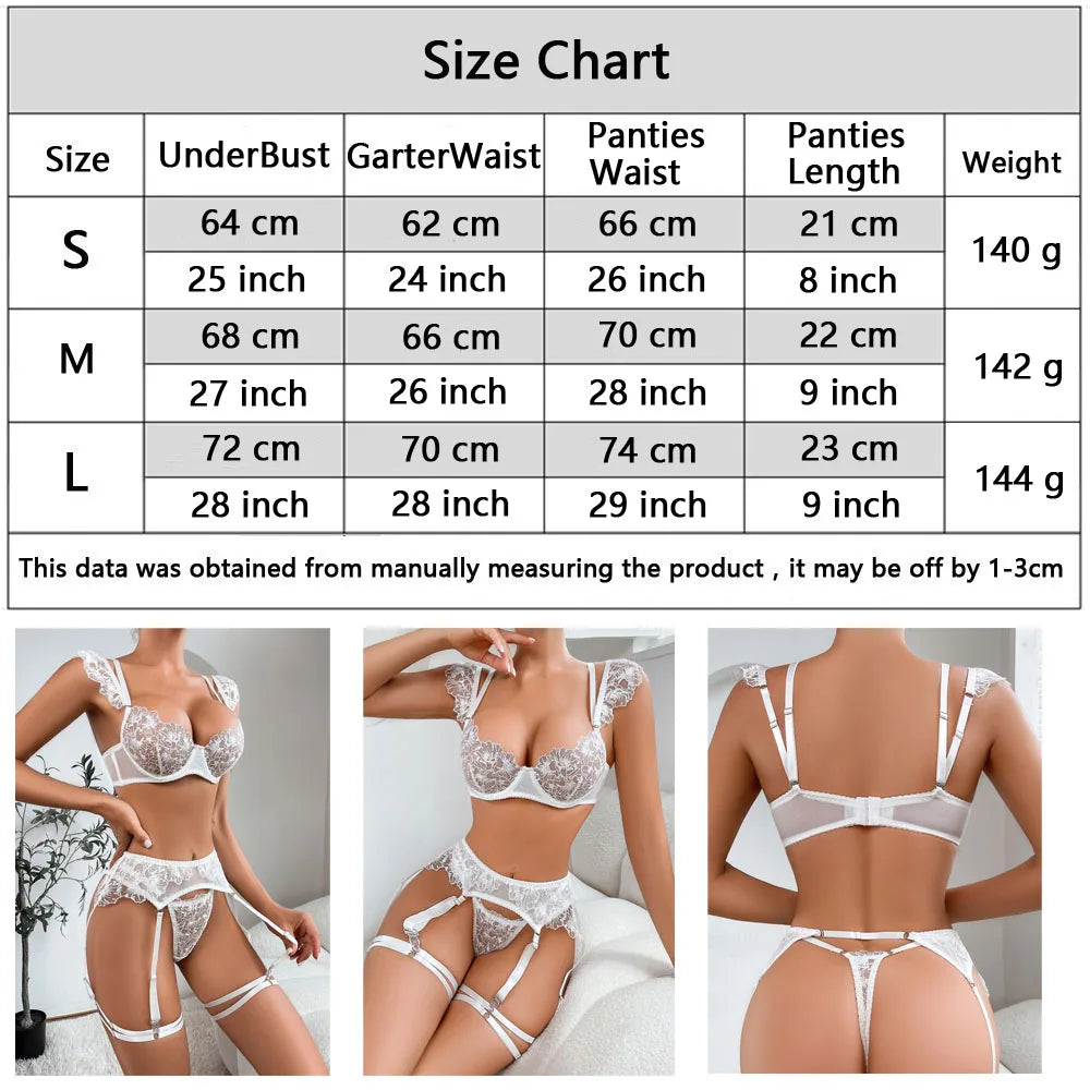 NEW!!!! Sexy Fancy Embroidery Lingerie Transparent Bra Thongs 4-Pieces Female Underwear Erotic Lace Outfits Delicate Garter Belt Set Women Lingerie Underwear Suit Fashion Clothing Apparel Supplies