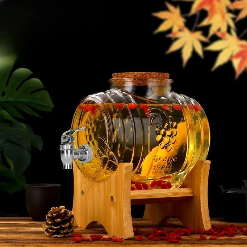5000ML-3000ML Full Set Large Capacity Special Barrel Glass Wine Bottle with Faucet Wooden  Base, Fruit Wine, Ginseng Wine Barrel, Medicinal Wine Jar Home Bar Pubs Restaurants Barware Accessories