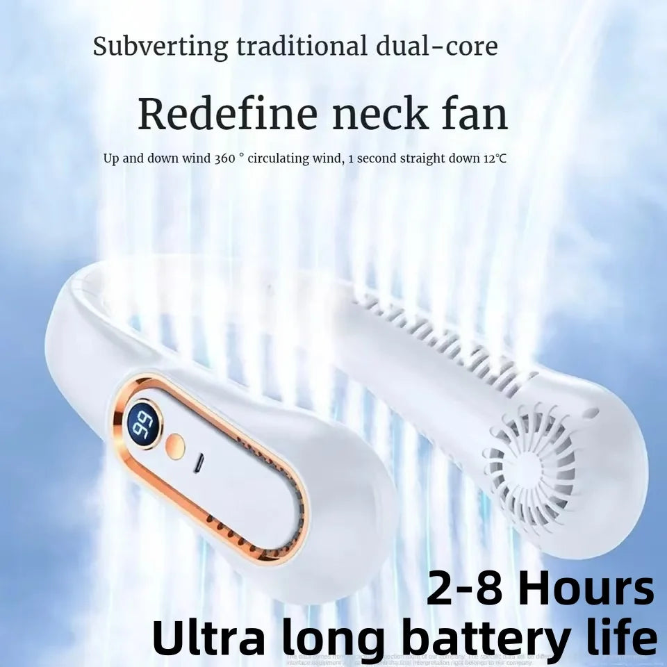 8000mAh USB Hanging Powerful Neck Fan Portable Bladeless Mini Rechargeable Mute LED Digital Display Electric Air Cooler Handheld.