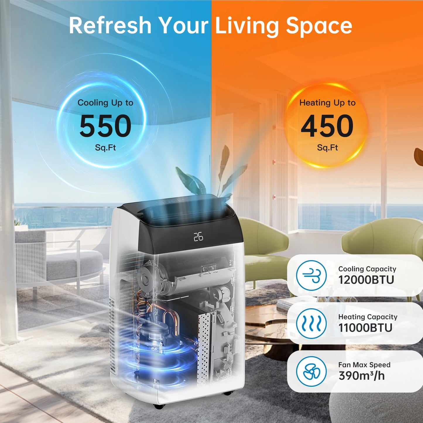 New System Air Conditioner,12000 BTU TURBO Portable Air Conditioner, 4-In-1 Cool/Heating/Fan/Dehumidify Modes With Remote Control, 24 Hours Timer Home Business Shops Air Condition System