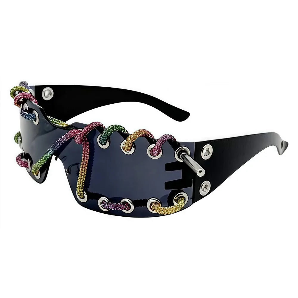 Rhinestones Chain Sunglasses Retro Cool Trendy Sunglasses UV Protective Lightweight Streetwear Party Shades For Women Men
