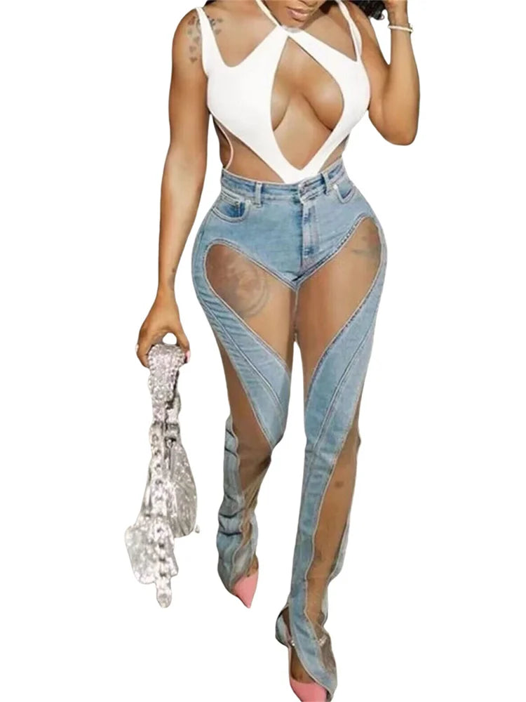 New Arrivals Y2K Clothes Streetwear S-2XL  Jeans Elastic Pants Women Casual High Waist Design Casual Denim Blue Patchwork Trousers Pants Female Girls Casual Fashion Apparel Supplies