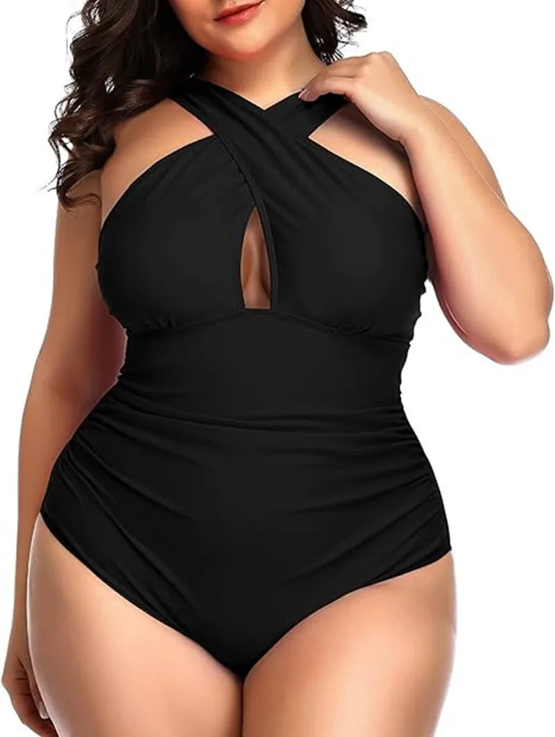 Summer Women Plus Size One Piece Swimsuits Front Cross Tummy Control Black Sexy Swimwear Backless Bathing Suit