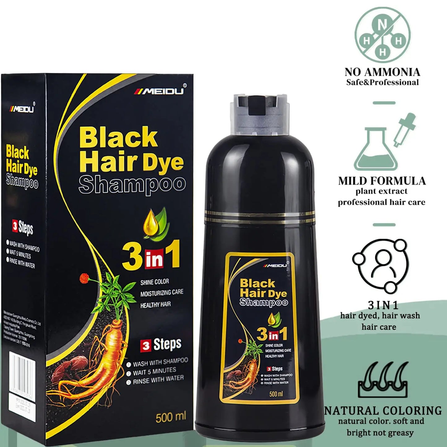 NEW 500ml Korean Hair Dye Shampoo 3 in1 Darkening Hairs Instant Gray To Black Polygonum Multi-Florum Natural Coloring Cover Men Women Hair Care Supplies
