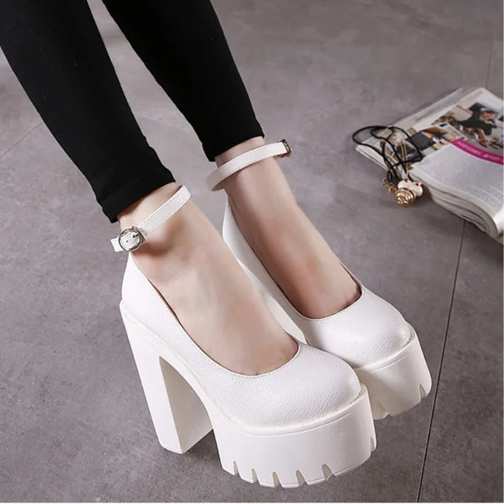 NEW Arrivals Black/White Sexy Thick-Soled Single Shoes Women's 14CM High Heels European American Fashion Buckle Women's Platform Heels Pumps Bridal Shoes Footwear Accessories