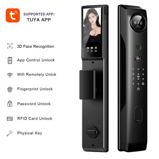 NEW 4 in 1 TUYA 3D Facial Recognition App WI-FI Password Fingerprint IC Card Portable Visual Doorbell Monitoring Camera Electronic Door Lock Home Apartments Office Security Supplies