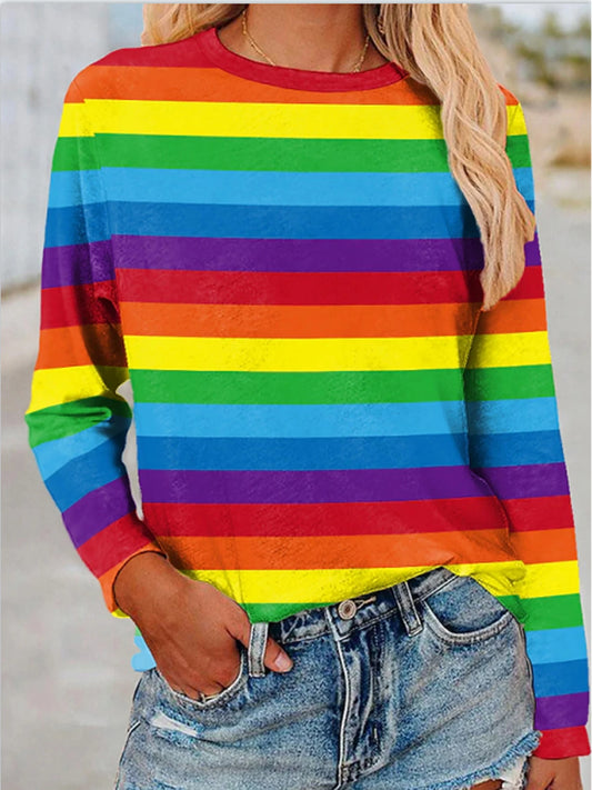 Rainbow Striped Crew Neck T-Shirt, Casual Long Sleeve T-Shirt For Spring & Fall, Women's Clothing