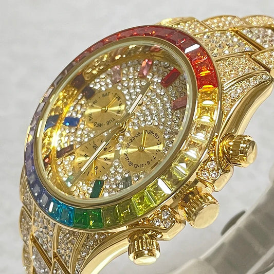 NEW Luxury Brand Gold Hip Hop Watches Men Fashion Rainbow Diamond Waterproof Smart Watch Full Steel Sports Clocks Male Wrist Watches Luxury Gifts for Husband Boyfriend