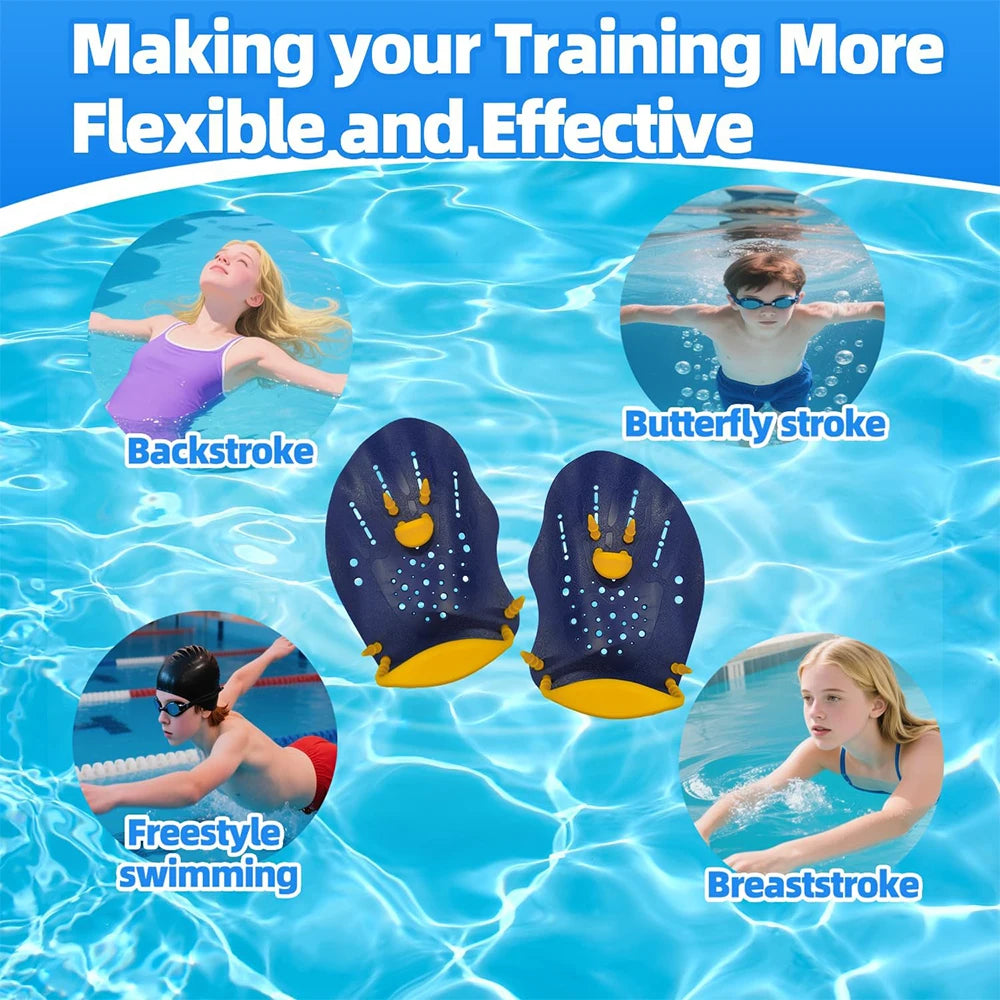 Adults and Kids S-L Size 1Pair Power Swim Silicone Hand Paddles for Lap Swimming - Adjustable Straps - Lap Swimming Gears - Hand Paddles Beach Water Pool Swimming Accessories Bathing Supplies