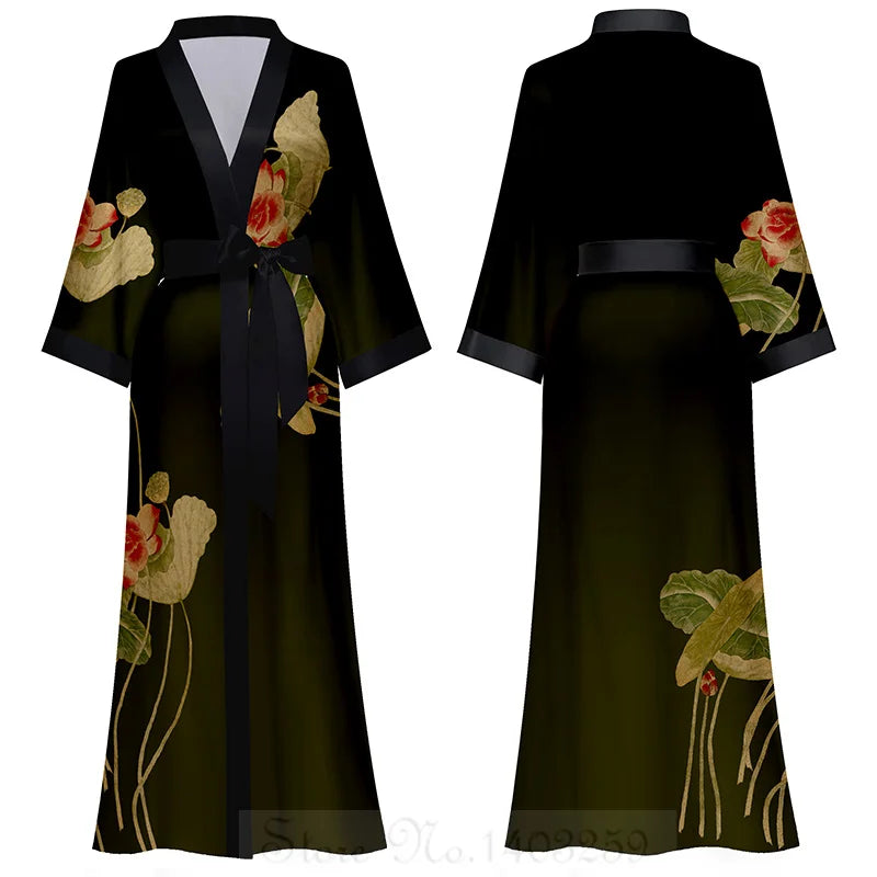 NEW Luxury Japanese Silk Elegant Flower Women Long Robe Loungewear Silky Satin Kimono Bathrobe Gown Spring Autumn New Sleepwear Home Dress Negligee