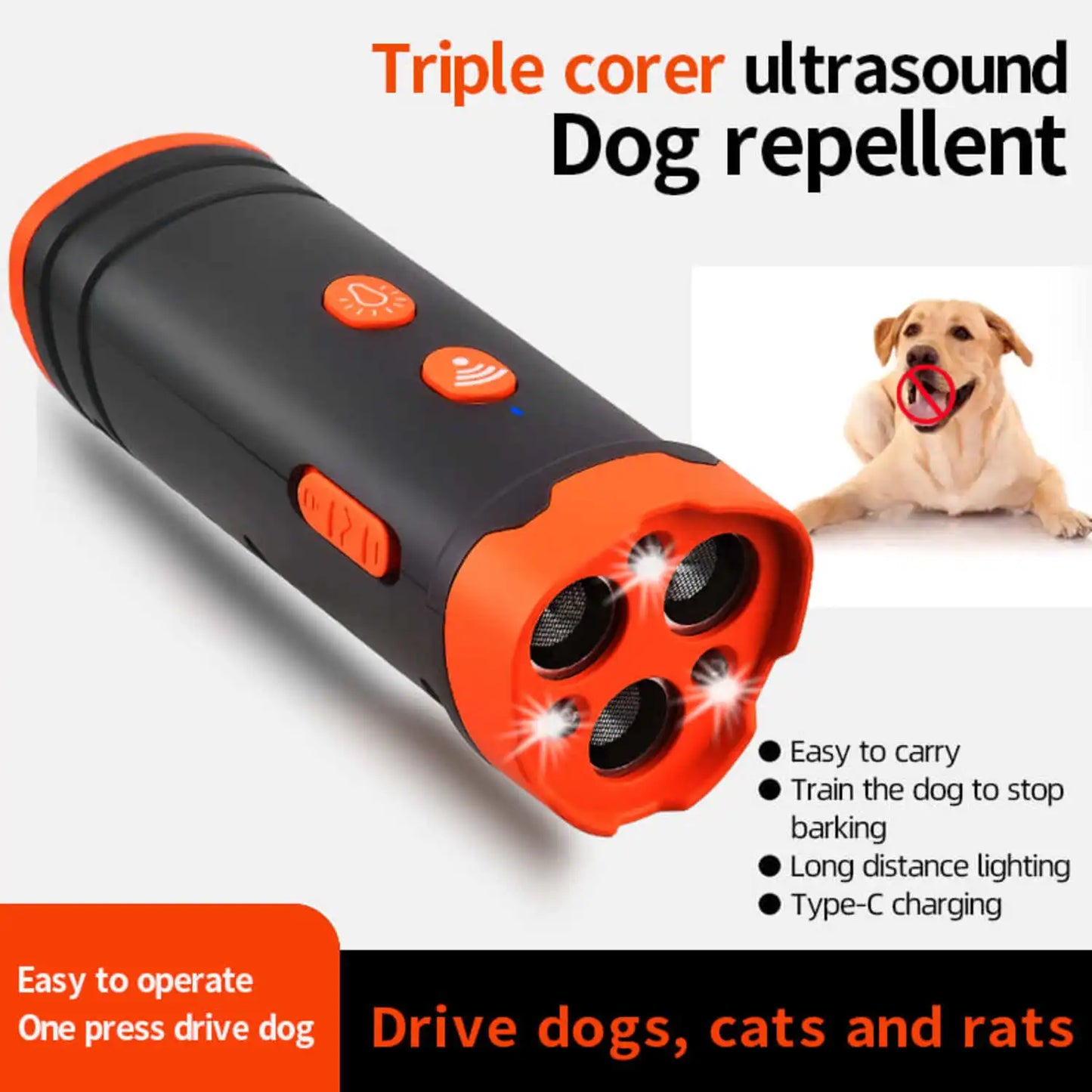 Ultrasonic Dog Repellent with LED Light Tri-core High Power Portable Handheld Ultrasonic Dog Trainer Repels Large Vicious Dogs