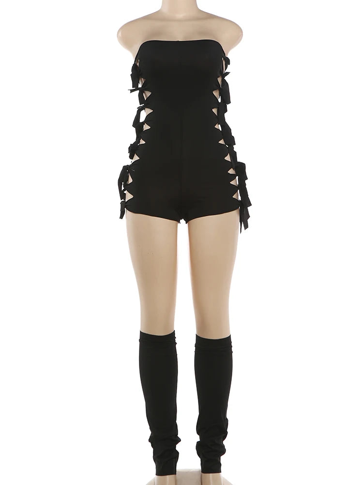 2 PCS Set Black and White Color Hollow Women Tassel Bandage Low-Neck Sleeveless Backless Playsuits + Simple Leg Sleeve Midnight Clubwear Summer Evening Rave Beach Party Sexy Suit