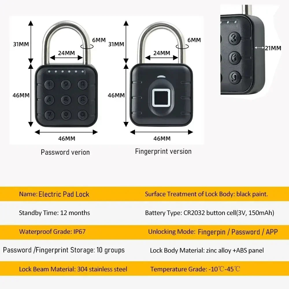 NEW Arrivals Electronic Lock TUYA APP  Bluetooth Fingerprint Padlock Digital Luggage Lock APP Temporary Password Remotely IP67 Decompression HOME Office Safety Security Supplies