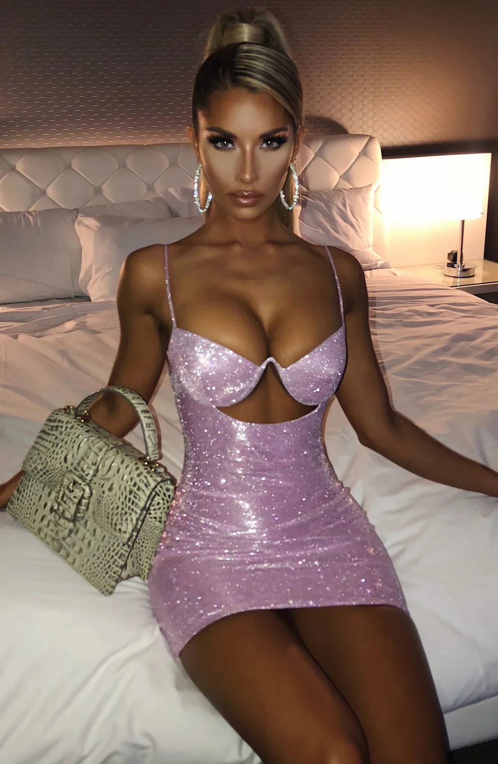 Black/Pink/Gray Color Women Sexy Clothing Nightclub Sparkly Dress Sexy Spaghetti Strap Hollow Out Bodycon Dress Solid Color Summer Evening Beach Party Mini Gowns  New Arrival