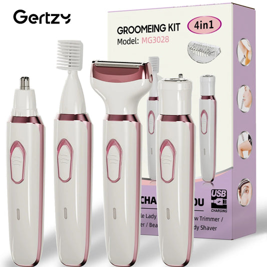 NEW 4-in-1 Set Rechargeable Electric Razor for Women - Face, Nose, Legs, Underarm, Bikini Trimmer - Wet & Dry, Painless Grooming Kit