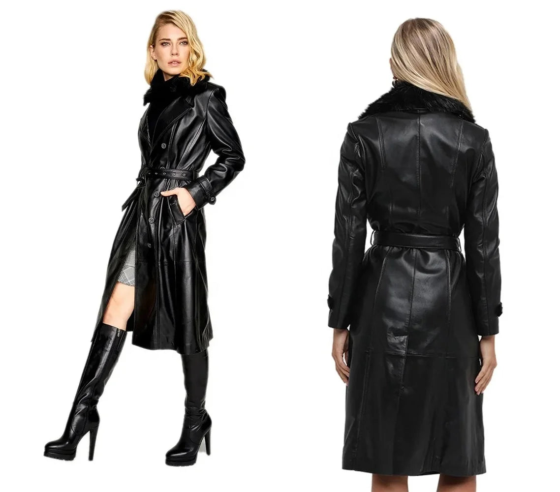 HOT SALE 8 Colors S-5XL Plus Size New Arrival Women's Genuine Sheepskin Leather Coat with Sheepskin  Knee-Length New Trending Breathable Waterproof Windbreaker Long Trench Ladies Winter Apparel Supplies.