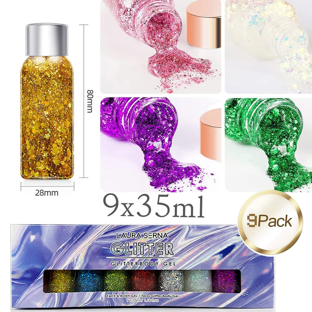 9 Pack Face Glitter Gel Mermaid Sequin Chunky Glitter Bar Makeup Lip Hair Eyeshadow Body Glitter Glue For Party Festival Makeup