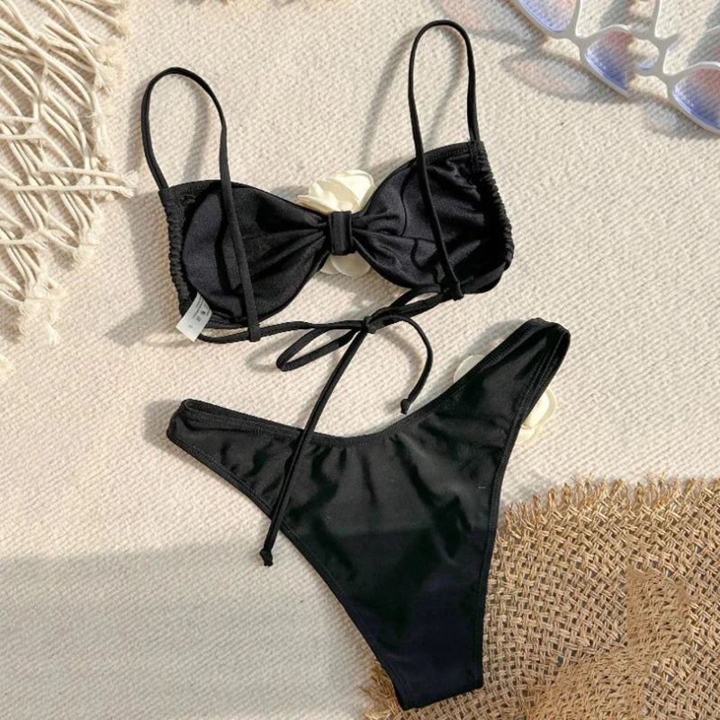 Sexy Flower Bandeau Swimwear Thong Bikini  Women Lace-up Swimsuits Swimming Bathing Suit Brazilian Bikinis Set Mujer Biquini