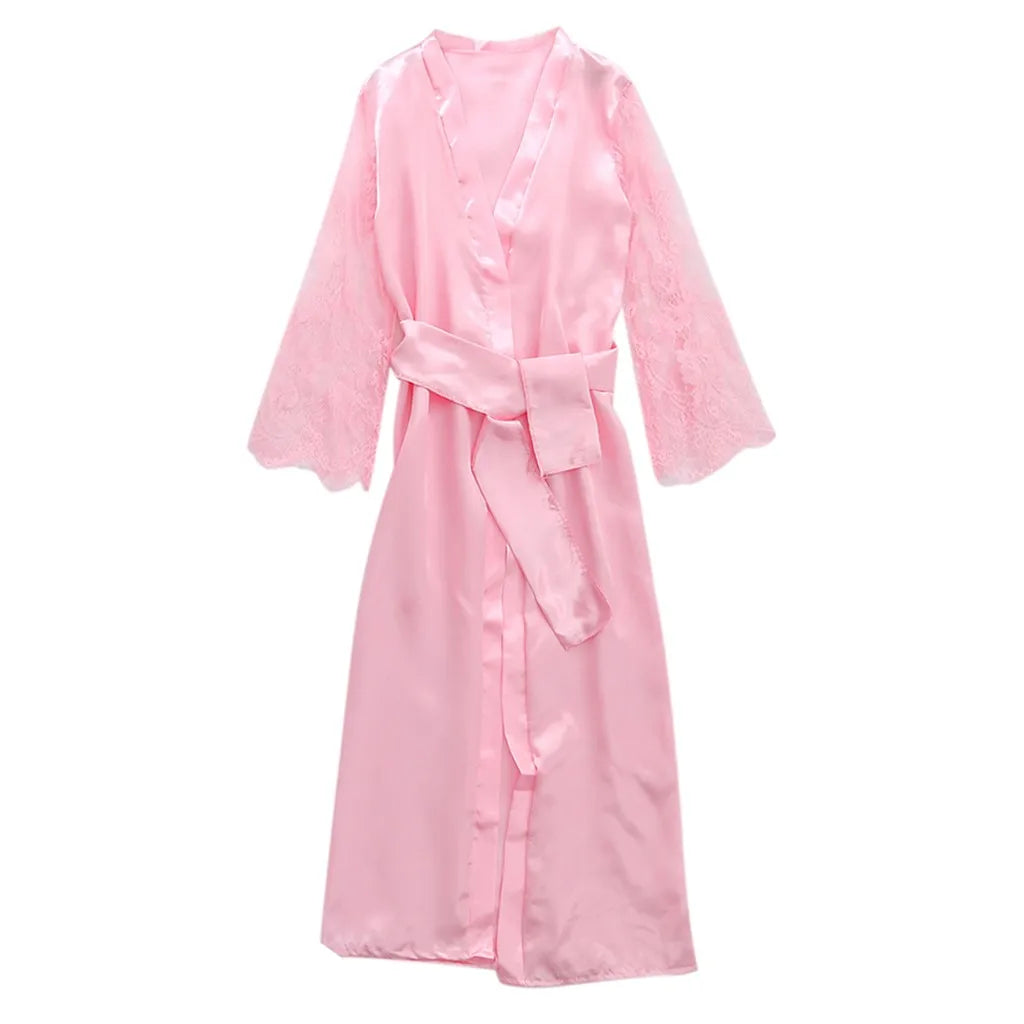 Women Satin Silk Long Nightdress Robe Lace Lingerie Sleepwear Sexy Robe Nightgown Floor Length Female Bathrobes Sleepwear