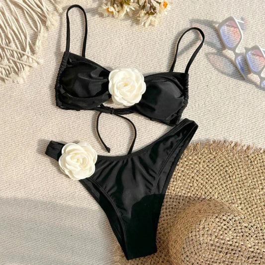 Sexy Flower Bandeau Swimwear Thong Bikini  Women Lace-up Swimsuits Swimming Bathing Suit Brazilian Bikinis Set Mujer Biquini