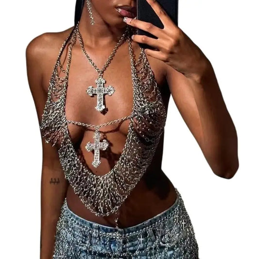 Sexy Hot Girl Fashionable Women's Crosses Charm Body Chain with Sparkling Rhinestones Halter Top for Beach Vacations Music Event,  Evening Rave Beach Party Night Clubwear Clothes