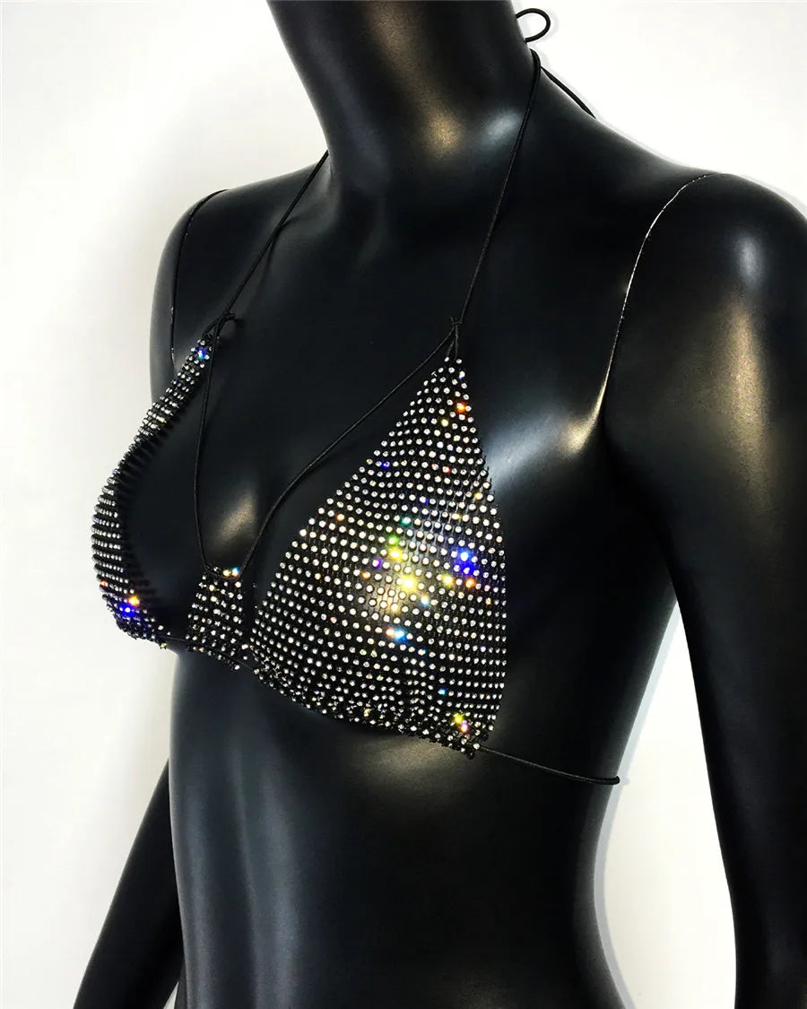 Women Sexy Hollow Fishnet Bra Tank Top Y2K Summer Sexy Backless V Neck See Through Mesh Camisole Shiny Rhinestone Rave Evening Party Night Clubwear  Crop Top
