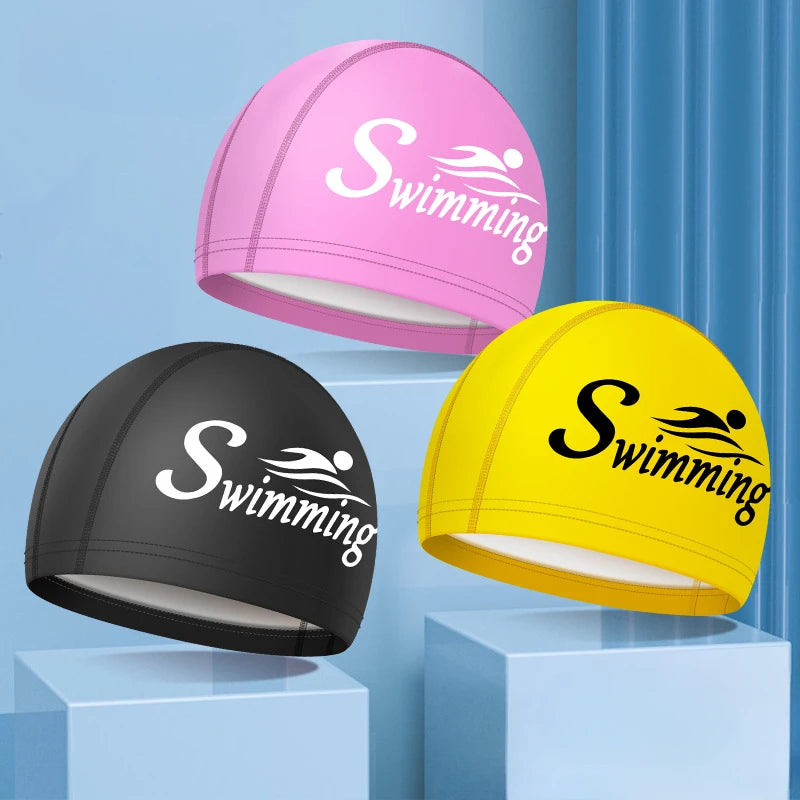 Swim Caps for Women Men Universal Large Size Long Hair Ear Protection Swimming Caps PU Waterproof Letter Printed Swimming Cap Bathing Accessories Sports Supplies