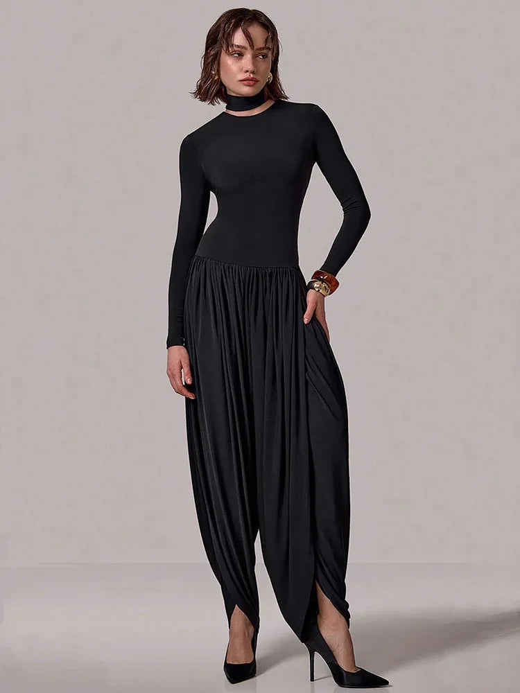 NEW Black/Gray/Coffee Color UK Size Long Sleeve Draped Sexy Jumpsuit Women Overalls Autumn Winter New Patchwork Solid Turtleneck High Waist Slim Jumpsuits Girls Streetwear Clothes