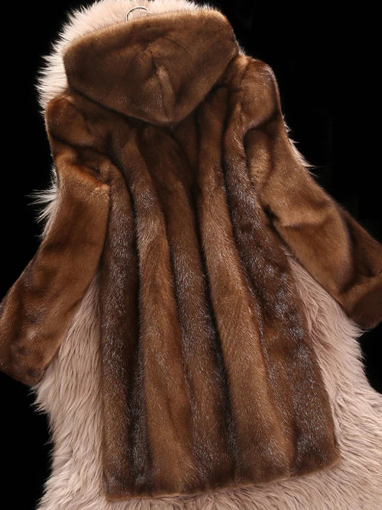S-9XL Plus Size Hooded Long Faux Fur Coat Women Autumn Winter Large Jacket Overcoat Turn Down Collar Thick Coat Warm Jackets Maxi Coats