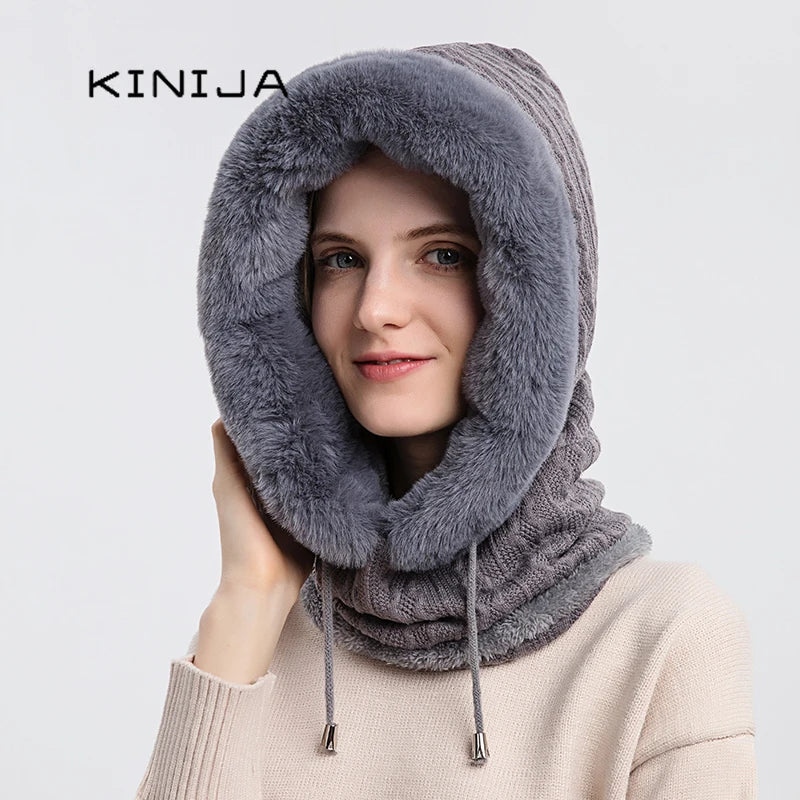 Winter Fur Cap Mask Set Hooded for Women Knitted Cashmere Neck Warm Balaclava Ski Windproof Hat Thick Plush Fluffy Beanies hood